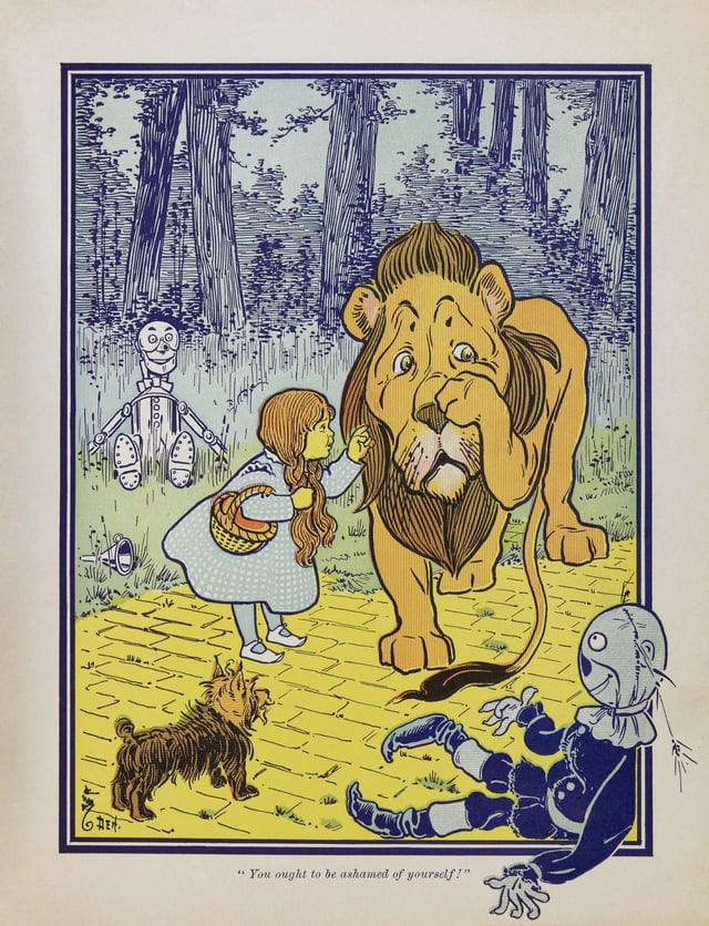 Dorothy meets the Cowardly Lion, from the first edition of The Wonderful Wizard of Oz. Art by W. W. Denslow