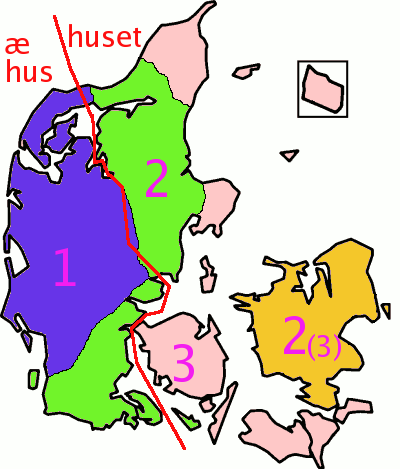 The distribution of one, two, and three grammatical genders in Danish dialects. In Zealand, the transition from three to two genders has happened fairly recently. West of the red line, the definite article goes before the word as in English or German; east of the line it takes the form of a suffix.