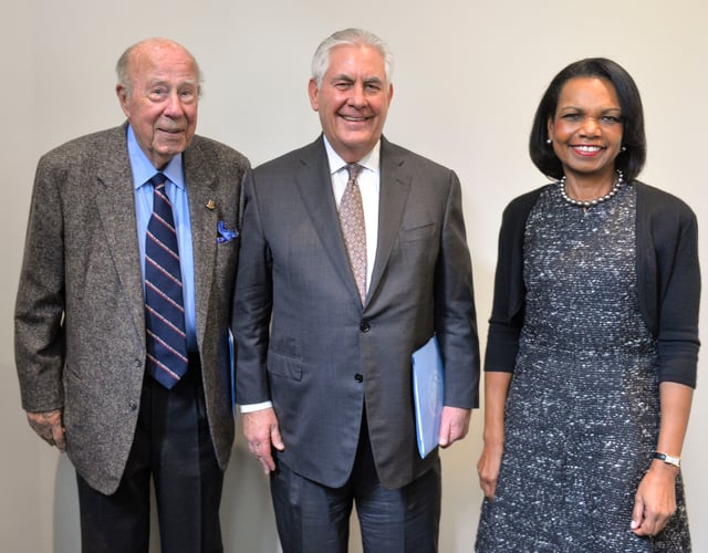 Shultz with Rex Tillerson and Condoleezza Rice in 2018