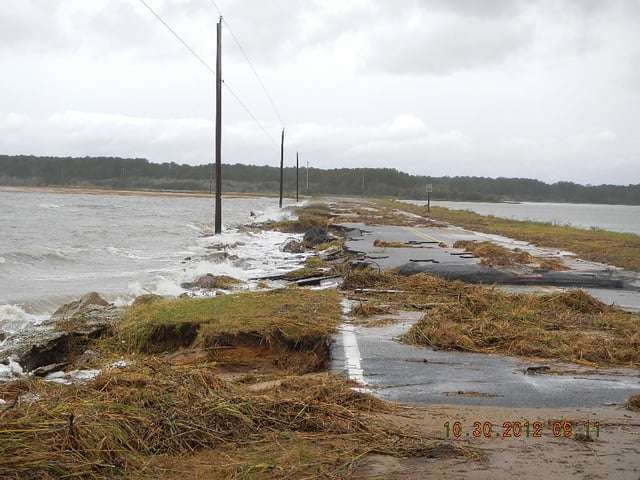 Damaged road at Chincoteague National Wildlife Refuge on Assateague Island
