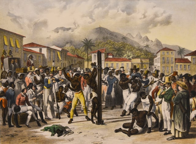 Public flogging of a slave in 19th-century Brazil.