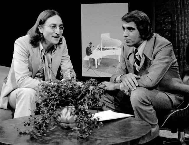 Publicity photo of Lennon and host Tom Snyder from the television programme Tomorrow. Aired in 1975, this was the last television interview Lennon gave before his death in 1980.