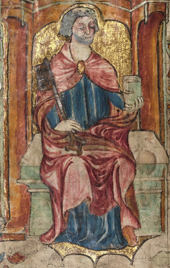 St. Peter, holding a key and a book, depicted in a medieval Welsh manuscript, 1390–1400