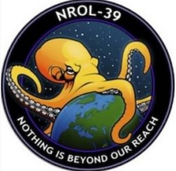 The NROL-39 mission patch, depicting the National Reconnaissance Office as an octopus with a long reach