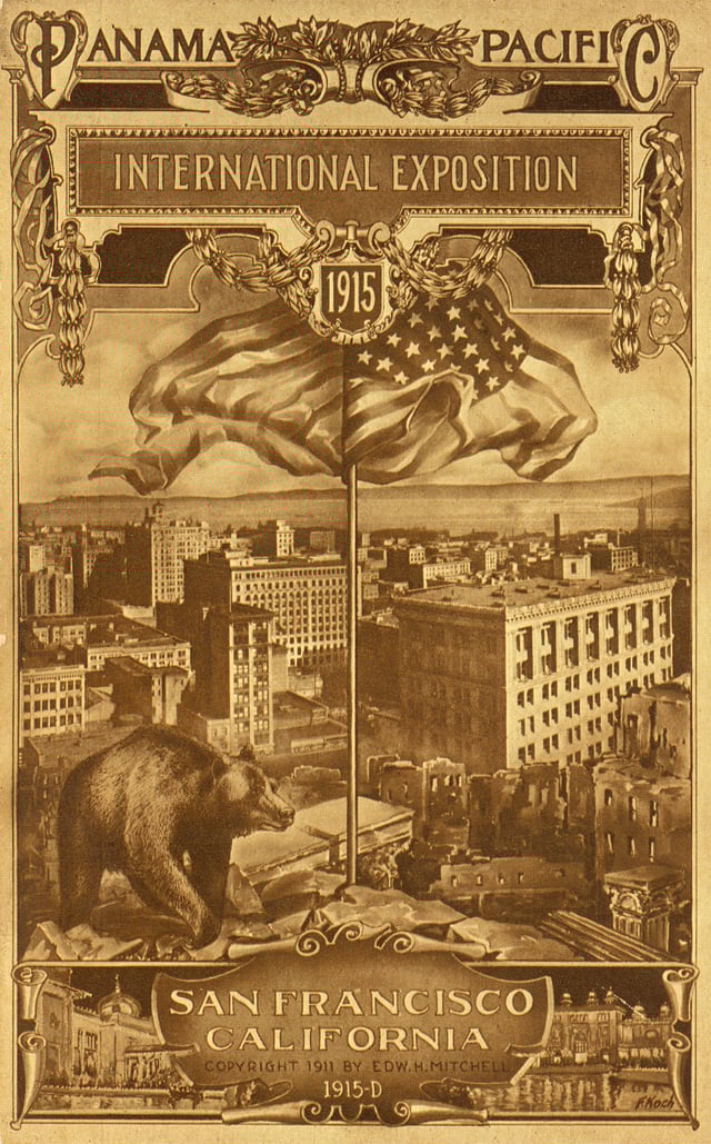 Postcard showing new buildings in San Francisco, with earthquake ruins and bear in foreground, and two small images of buildings of the Exposition at bottom