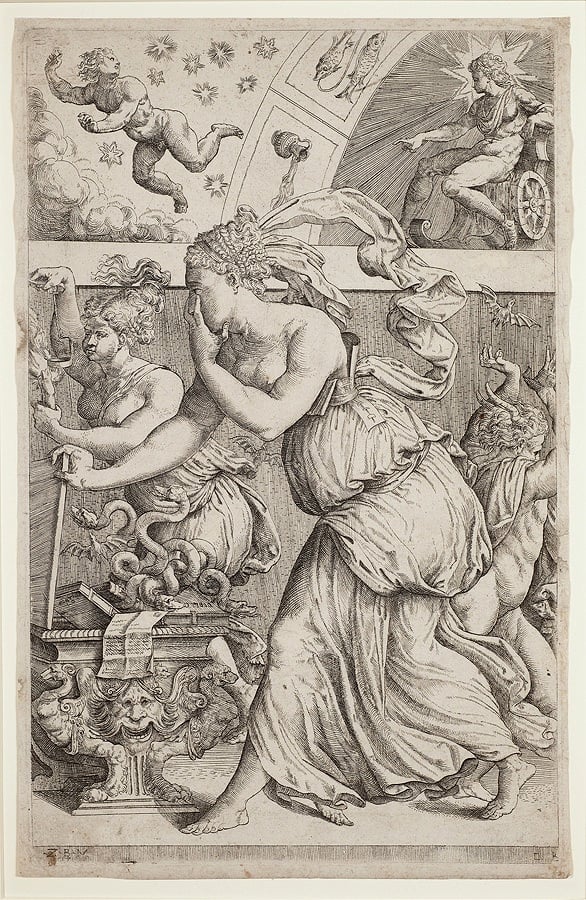 An Allegory of Les Sciences qui Éclairent l'esprit de l'homme (The Sciences that Illuminate the Human Spirit, 1557), an etching ascribed to Marco Angelo del Moro