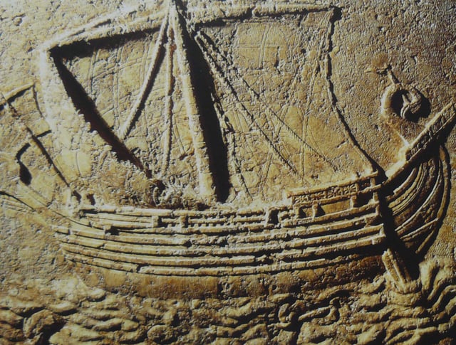 A Phoenician ship carved on the face of a sarcophagus, c. 2nd century AD