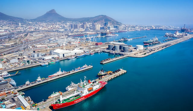 The Port of Cape Town is a major transport node in southern Africa. In addition to moving freight it also serves as a major repair site for ships and oil rigs.