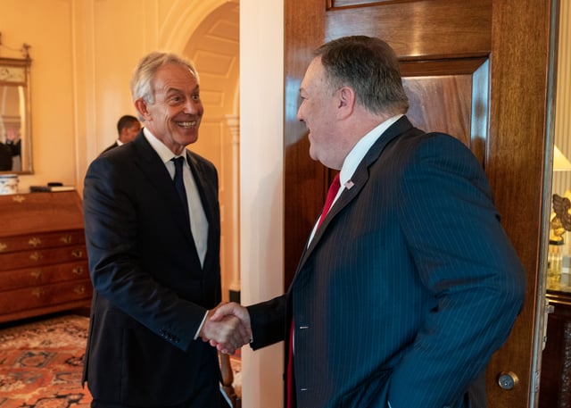 Blair with U.S. Secretary of State Mike Pompeo at the U.S. Department of State in Washington, D.C., on 17 July 2019