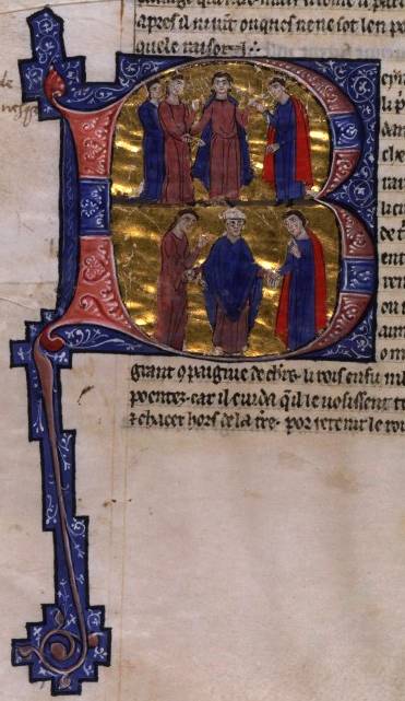 Top: Baldwin IV betrothes Sibylla to Guy; Bottom: Sibylla and Guy are married. (MS of William of Tyre's Historia and Old French Continuation, painted in Acre, 13C. Bib. Nat. Française.)