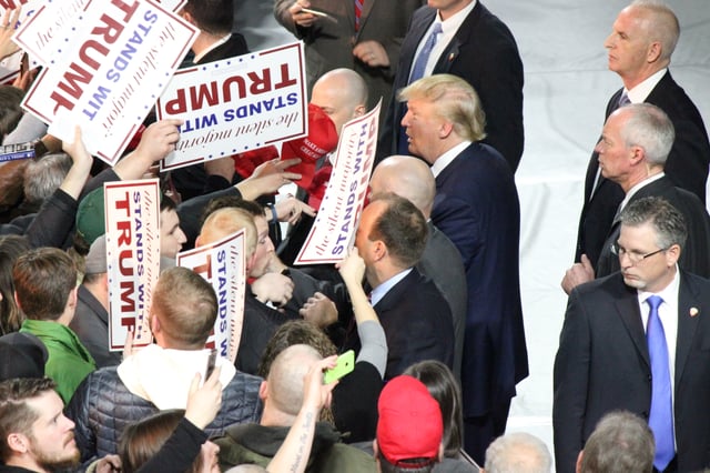 Trump and supporters attend a rally in Muscatine, Iowa, in January 2016.
