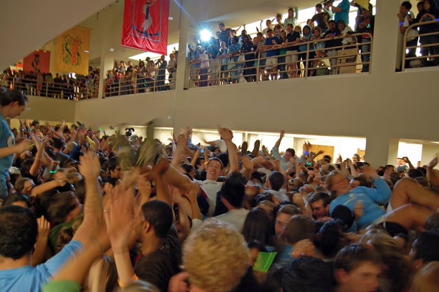 At the end of each semester, students organize a flash mob dance party in the library.