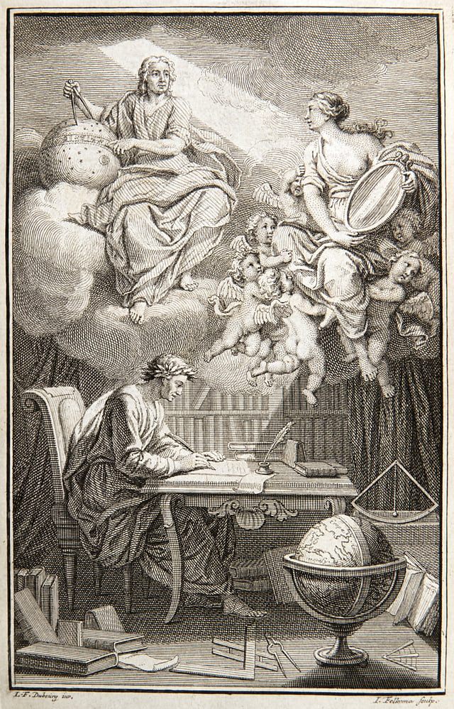 In the frontispiece to Voltaire's book on Newton's philosophy, Émilie du Châtelet appears as Voltaire's muse, reflecting Newton's heavenly insights down to Voltaire.