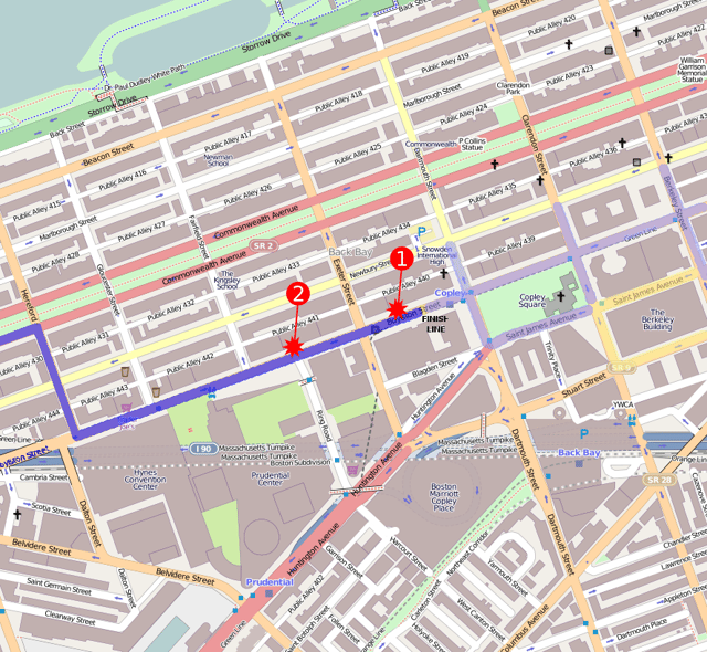 The blasts (red) occurred along the marathon course (dark blue), the first nearer the finish line than the second.