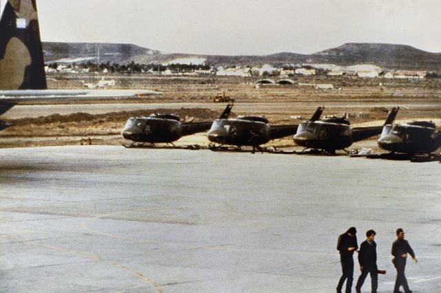 UH-1Hs at Port Stanley Airport. These were transported to the islands by C-130H Hercules and did not have their rotors reattached yet