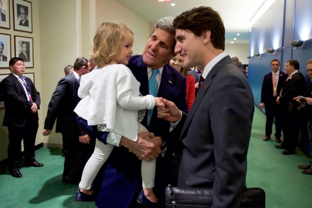 Trudeau and then-U.S. Secretary of State John Kerry before both officials signed the Paris Agreement on climate change in April 2016