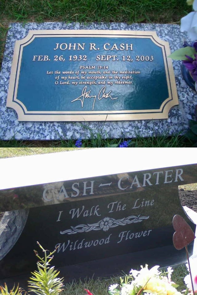 Cash's original grave (top) and the Cash/Carter memorial