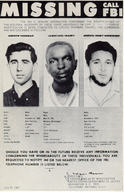 Missing persons poster created by the FBI in 1964 shows the photographs of Andrew Goodman, James Chaney, and Michael Schwerner.