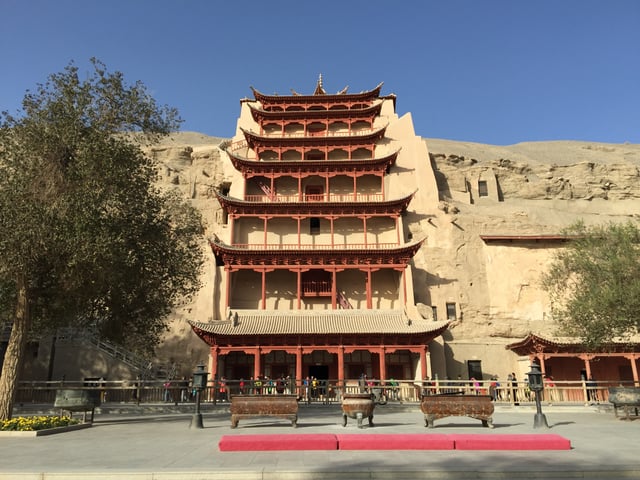 Mogao Caves, also known as the Thousand Buddha Grottoes, located at a religious and cultural crossroads on the Silk Road, in Gansu province.