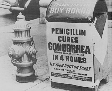 Penicillin entered mass production in 1944 and revolutionized the treatment of several venereal diseases.