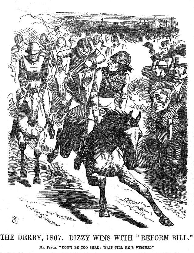Disraeli and Gladstone Race to Pass the Reform Bill, Punch, 1867 The rivalry between Disraeli and Gladstone helped to identify the position of Prime Minister with specific personalities. (Disraeli is in the lead looking back over his shoulder at Gladstone.)