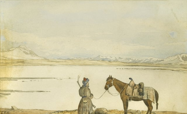 19th-century painting of lake Zorkul and a local Tajik inhabitant