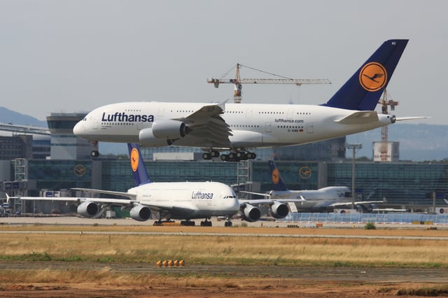 Two Lufthansa Airbus A380s at Frankfurt Airport