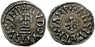 A denarius minted by Prince Adelchis of Benevento in the name of Emperor Louis II and Empress Engelberga, showing the expansion of Carolingian authority in southern Italy which Louis achieved