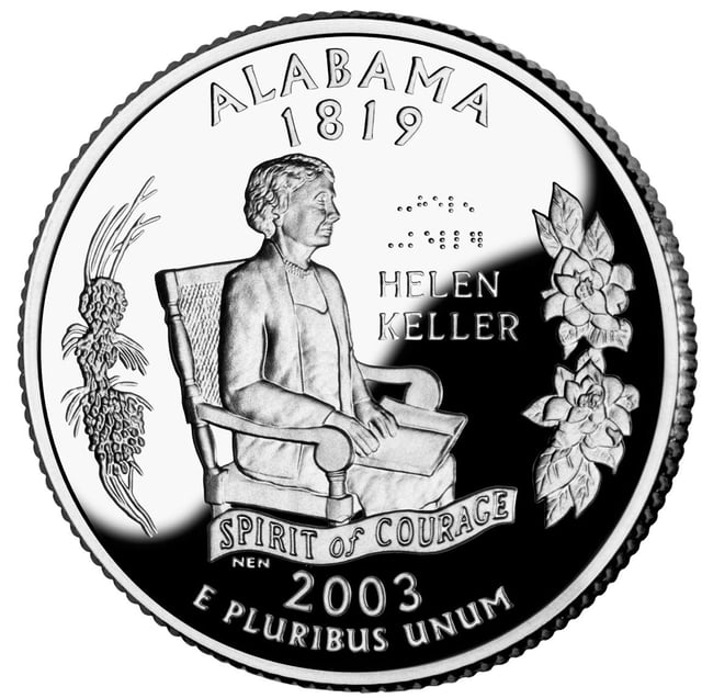 Helen Keller as depicted on the Alabama state quarter