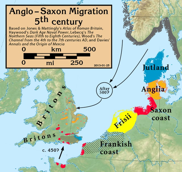 The migrations according to Bede, who wrote some 300 years after the event; there is archeological evidence that the settlers in England came from many of these continental locations