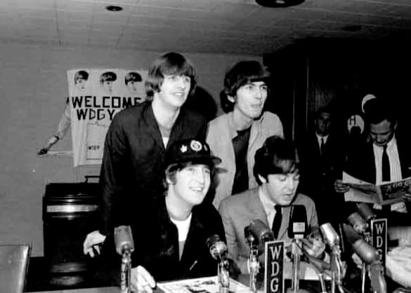 The band at a press conference in Minnesota in August 1965, shortly after playing Shea Stadium in New York