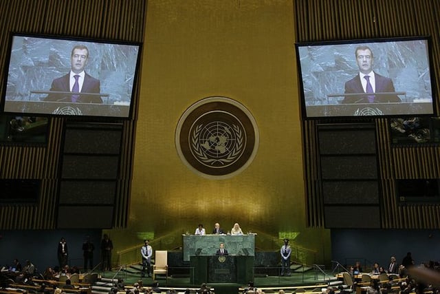 Russian President Dmitry Medvedev addresses the 64th session of the UN General Assembly on 24 September 2009