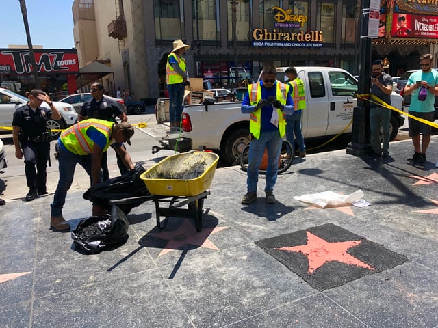Trump's star under repair, soon after it was vandalized on July 25, 2018.