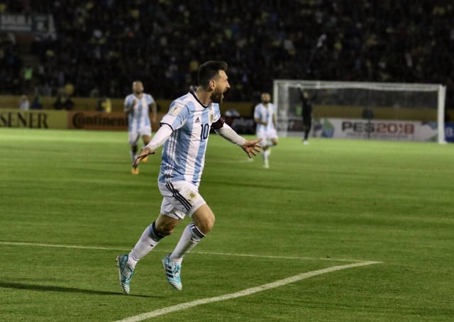 Messi celebrating scoring a hat-trick against Ecuador on 10 October 2017. His goals sent Argentina through to the 2018 FIFA World Cup in Russia.