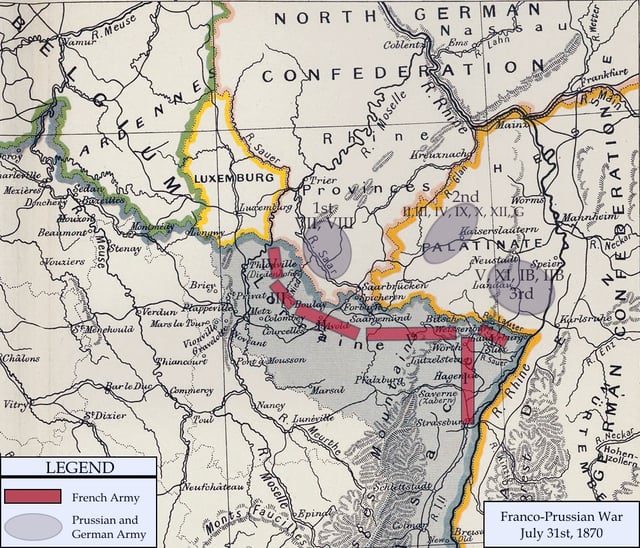 Map of German and French armies near the common border on 31 July 1870