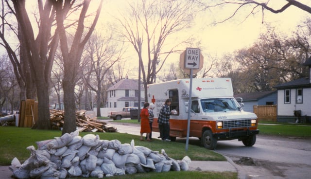 An American Red Cross vehicle distributing food to Grand Forks, North Dakota victims of the 1997 Red River flood