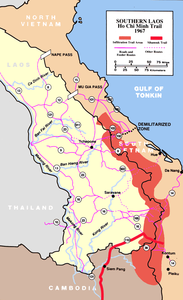 The Ho Chi Minh trail, known as the Truong Son Road by the North Vietnamese, cuts through Laos. This would develop into a complex logistical system which would allow the North Vietnamese to maintain the war effort despite the largest aerial bombardment campaign in history.