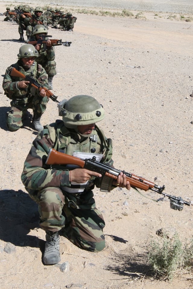 Indian Army Gorkha Rifles troopers, during a combat simulation in Fort Irwin, California.