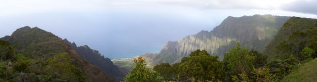 A view of the Kalalau Valley on Kauaʻi's Nā Pali Coast from the Kalalau Lookout.