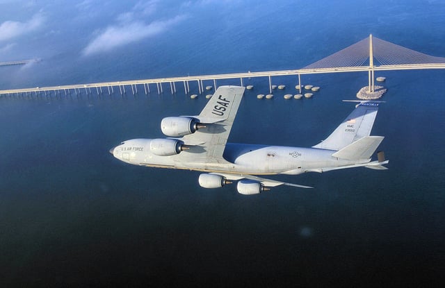 A KC-135R stationed at MacDill flying over Tampa Bay