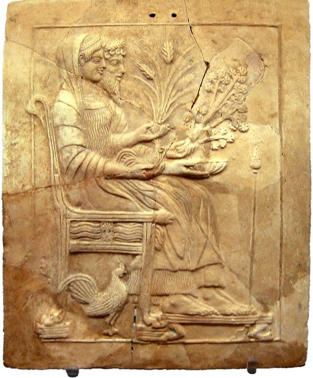 Pinax of Persephone and Hades on the throne, from the holy shrine of Persephone at Locri.