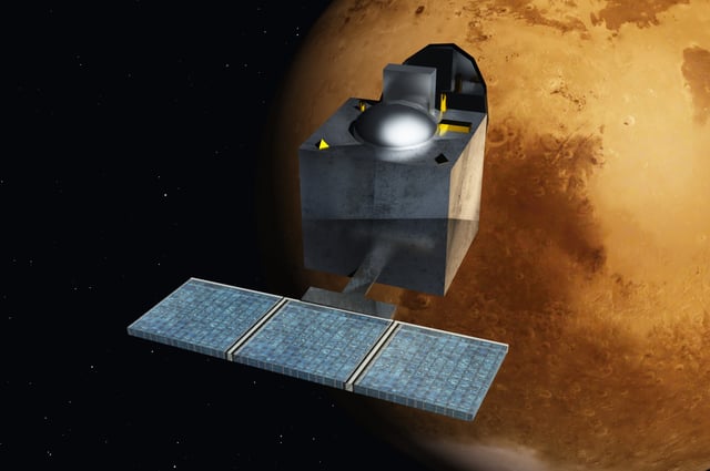 Artist's rendering of the Mars Orbiter Mission spacecraft, with Mars in the background.