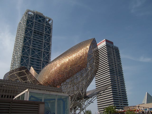 Frank Gehry's Fish sculpture in front of the Hotel Arts (left) and the Torre Mapfre (right) in the Olympic Village neighbourhood