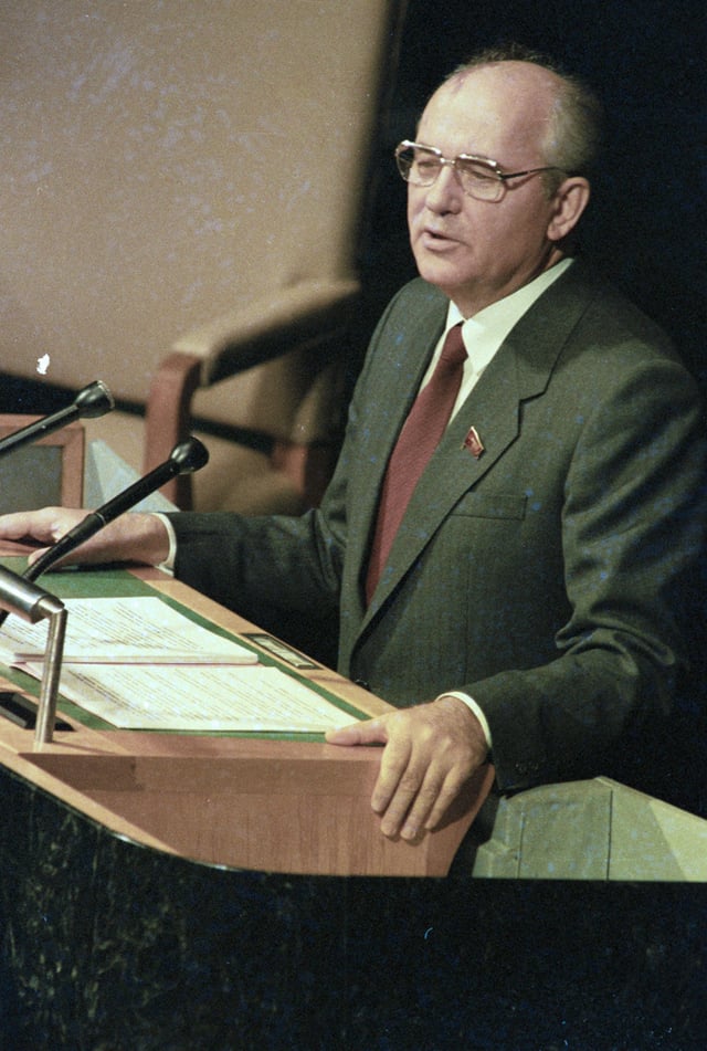 Gorbachev addressing the United Nations General Assembly in December 1988. During the speech he dramatically announced deep unilateral cuts in Soviet military forces in Eastern Europe.