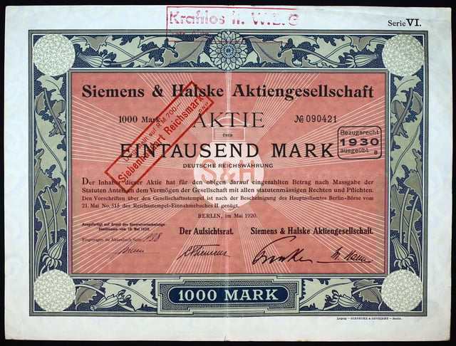 Share of the Siemens & Halske AG, issued May 1920