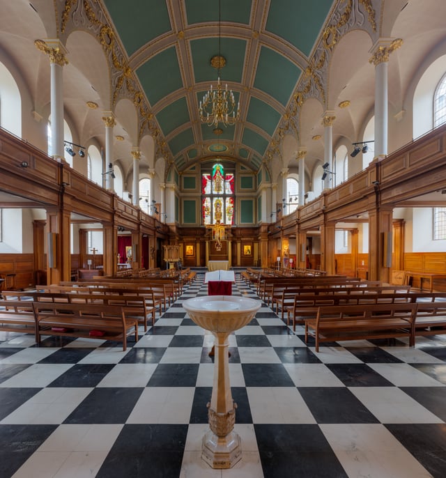 Interior of the church, facing east toward the altar