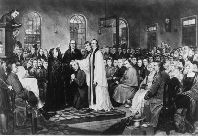 The ordination of Bishop Francis Asbury by Bishop Thomas Coke at the Christmas Conference establishing the Methodist Episcopal Church, 1784