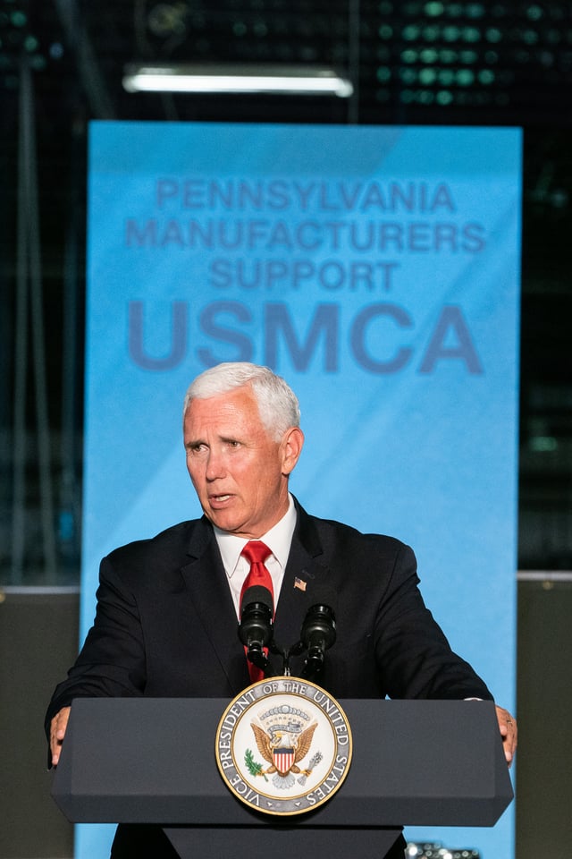 US Vice President Mike Pence speaks in support of the USMCA in 2019.