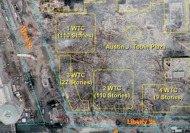 World Trade Center site (Ground Zero) with an overlay showing the original building locations