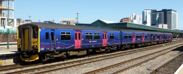 A First Great Western Class 150 in the 'Local Lines' livery, worn by former Wessex Trains services